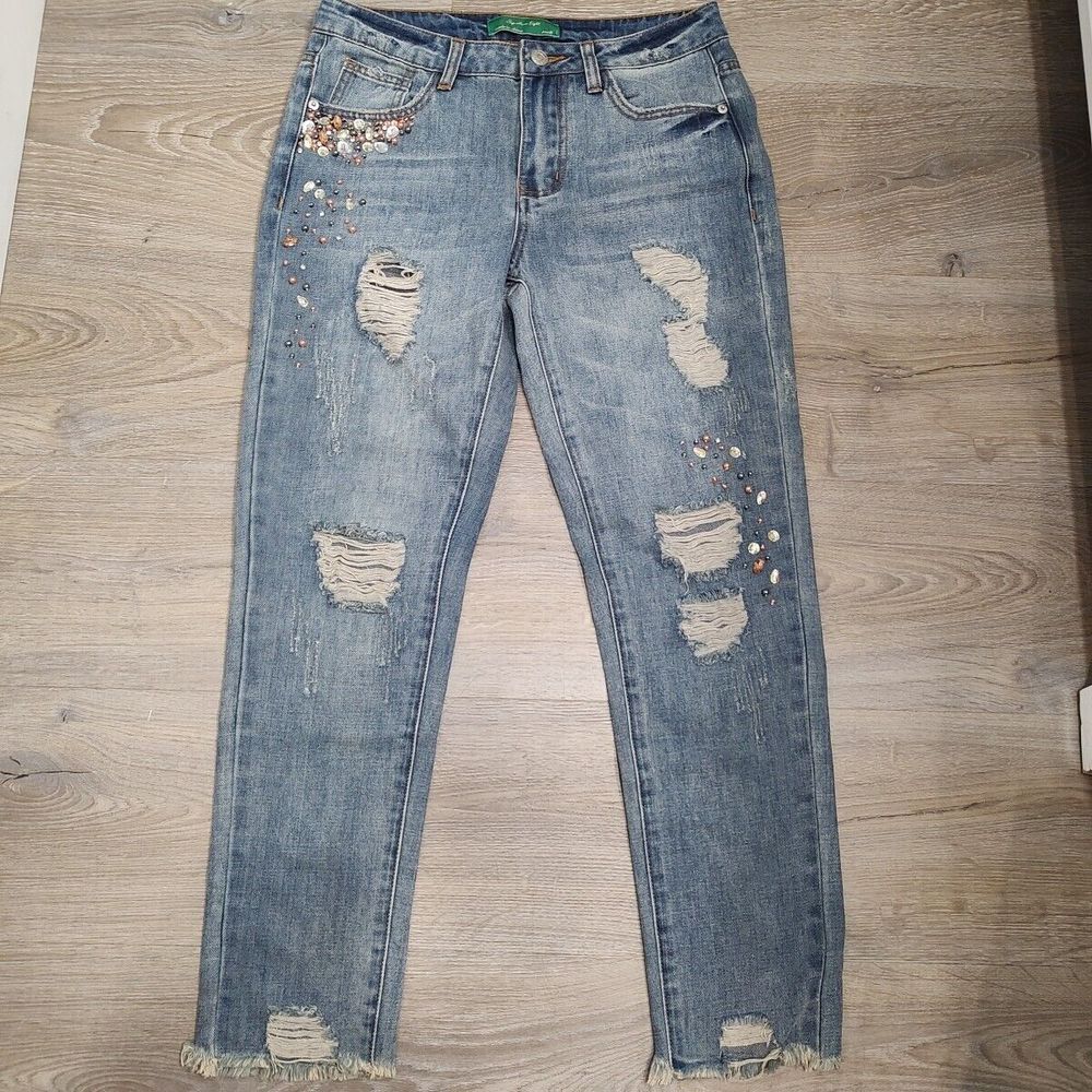 Signature Eight Women's Jeans Sz‎ Small Blue Denim Distressed Embellished TWEE